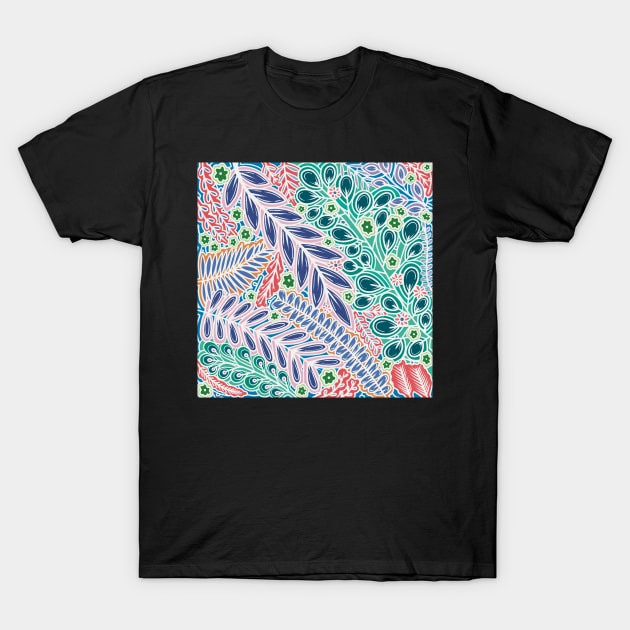 Lovely Leafy Layers - Cool Colors and White Outline - Digitally Illustrated Flower Pattern for Home Decor, Clothing Fabric, Curtains, Bedding, Pillows, Upholstery, Phone Cases and Stationary T-Shirt by cherdoodles